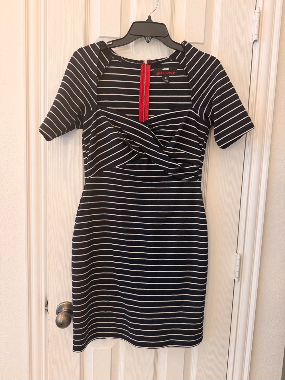 Miss Sixty Black & White Striped Mini Dress with Red Zip
